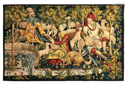 A wall tapestry by Manufacturer De Wit, depicting the shearing of the sheep, 20thC, Malines, 159 x 243 cm