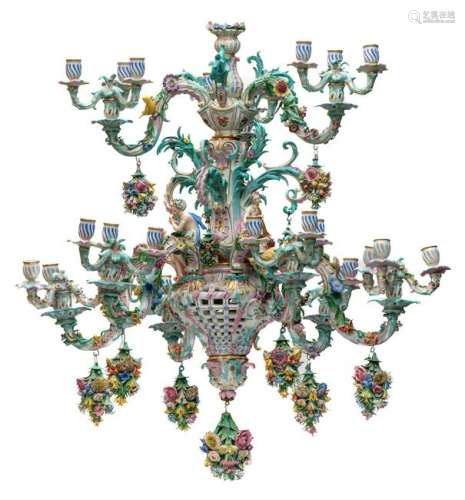 A large Meissen porcelain figural chandelier with music-making ladies, birds, and hanging flowers, after a model by Johann Joachim Kaendler, 19thC, H 95 - ø 87 cm