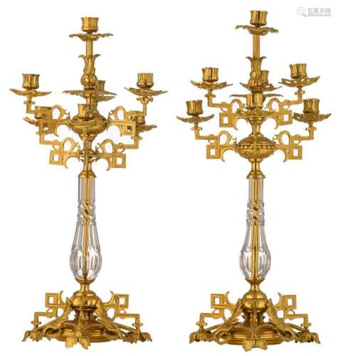 A pair of French Belle Époque period gilt bronze candelabras, the stem set with cut crystal, H 61 cm