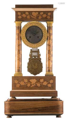 A mid 19thC Neoclassical portico clock with carillon and floral marquetry, the work marked 'Baullier & Fils Paris', H 62 cm