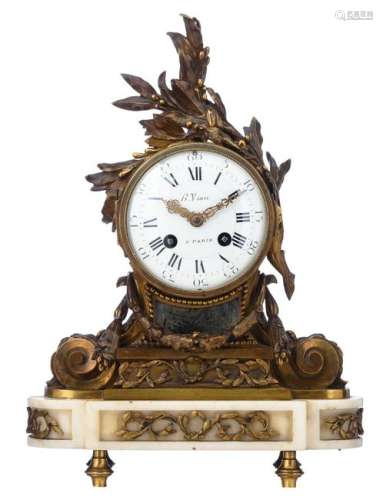 A French Napoleon III-period mantle clock, white Carrara marble and decorated with patinated bronze mounts shaped as laurel wreaths, the dial as well as the bronze mounts signed 'B. Vian - Paris', the mechanism with an illegible stamped monogram, H 33 cm