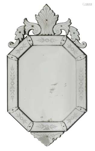 A Venetian etched glass and floral decorated mirror, early 20thC, 132 x 72 cm