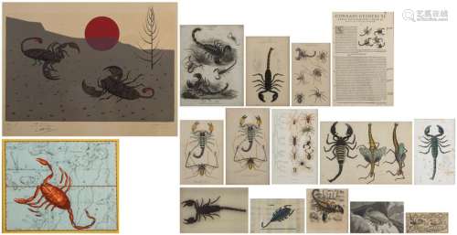 A various collection of scorpion related items, consisting of a stuffed scorpion, a 16thC woodcut, an aquatint, a drawing on papyrus, hand coloured engravings, etchings and lithographies, one of which by Labisse (N° 12/22 E.A.), 6,5 x 13,5 - 50 x 65 cmIs possibly subject of the SABAM legislation / consult ‘Conditions of Sale’