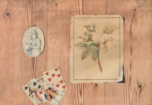 An 18thC trompe l'oeil depicting playing cards, a print of a hedgehog rose and a drinking and smoking man, on a faux bois background, dated 1781, ink and watercolour, 38 x 54 cm