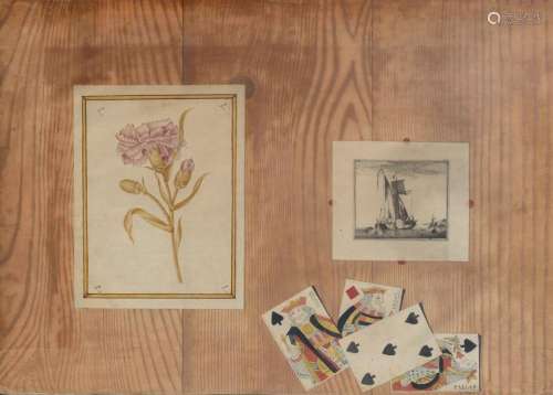 An 18thC trompe l'oeil depicting playing cards, a print of a carnation and an etching of a fishing boat, on a faux bois background, ink and watercolour, 38 x 53,5 cm