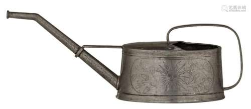 A 1793 dated, most probably Dutch, pewter watering can with engraved decoration, H 15 - W 40 D 13 cm