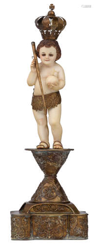 An ivory Christ Child as Salvator Mundi, on an embossed flower brass base, Spanish-Filipino, 18thC, H 46 cmAdded expertise report according to CITES legislation. For European Community use only.