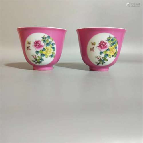 A Pair of Chinese Red Ground Famille-Rose Porcelain Cups
