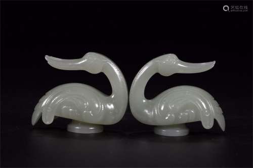 A Pair of Chinese Carved Jade Duck Decorations