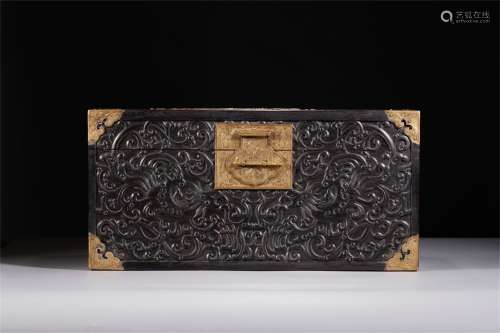 A Chinese Carved Zitan and Boxwood Square Box with Cover