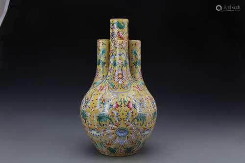 A Chinese Yellow Ground Famille-Rose Porcelain Vase