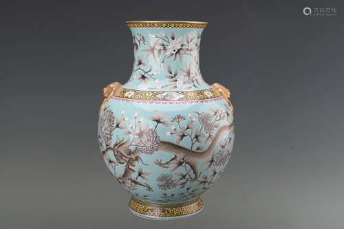 A Chinese Turquoise-Green Glazed Famille-Rose Porcelain Vase