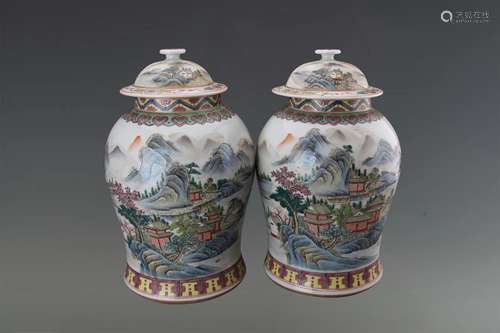 A Pair of Chinese Famille-Rose Porcelain Jars with Cover