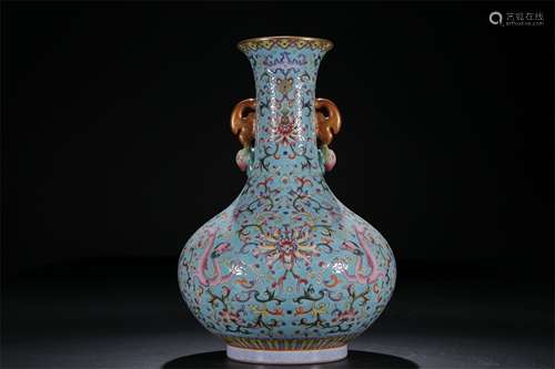 A Chinese Turquoise-Green Glazed Famille-Rose Porcelain Vase