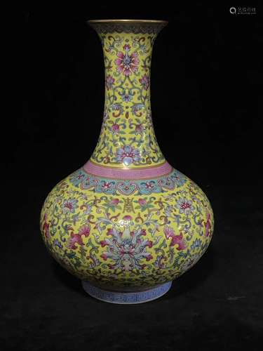 A Chinese Yellow Ground Famille-Rose Porcelain Vase