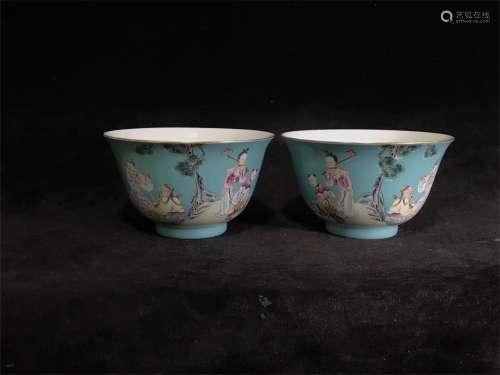 A Pair of Chinese Blue Ground Famille-Rose Porcelain Cups