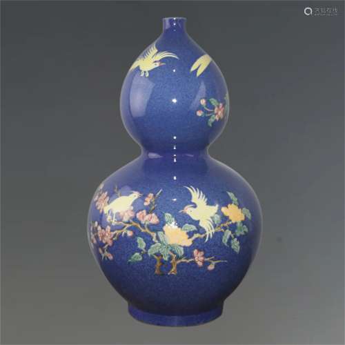 A Chinese Blue Ground Wu-Cai Glazed Porcelain Double Gourd Vase