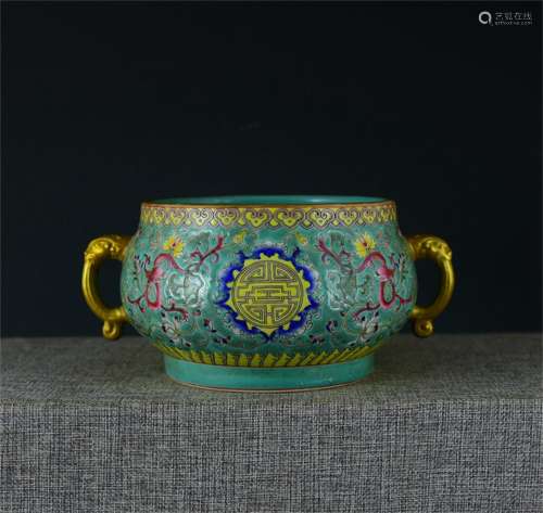 A Chinese Turquoise-Green Ground Famille-Rose Porcelain Incense Burner