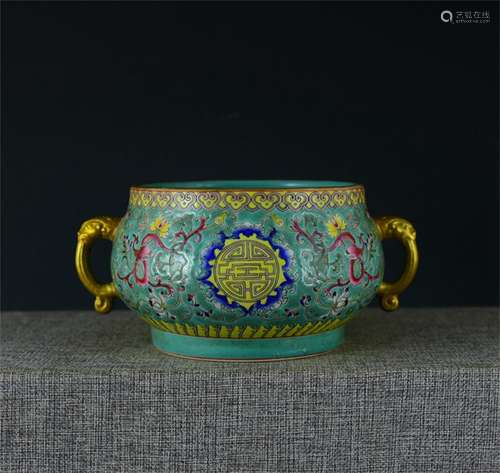 A Chinese Turquoise-Green Ground Famille-Rose Porcelain Incense Burner