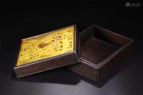 A Chinese Carved Rosewood Square Box with Cover with Jade Inlaid