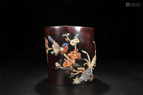 A Chinese Carved Zitan Brush Pot