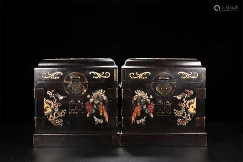 A Pair of Chinese Carved Zitan Square Boxes with Covers