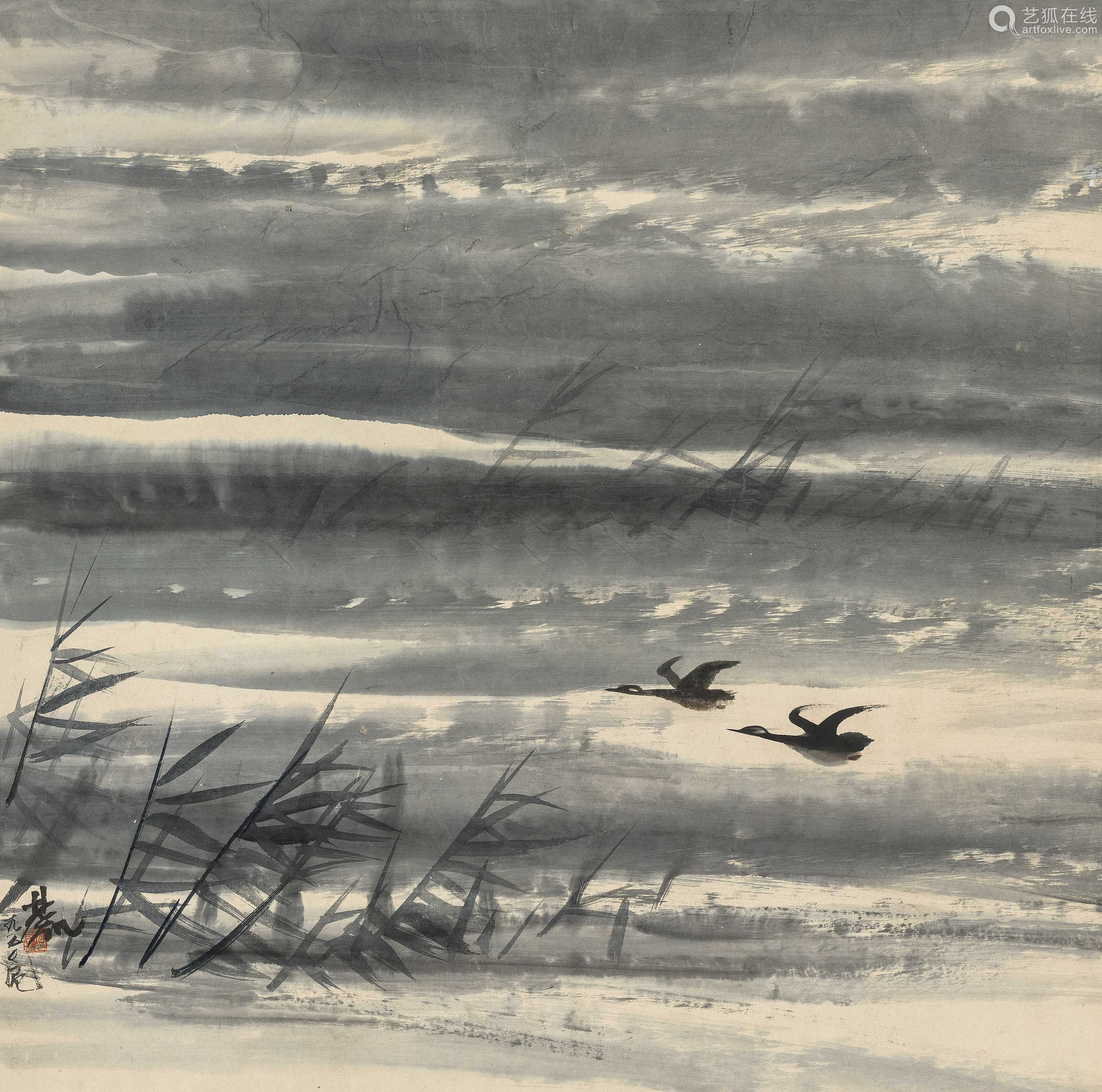 林风眠1950年作苇塘芦雁镜心设色纸本 Deal Price Picture 林风眠1950年作苇塘芦雁镜心设色纸本 Deal Price Picture