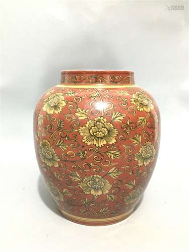 A Chinese Red Ground Yellow Glazed Porcelain Jar