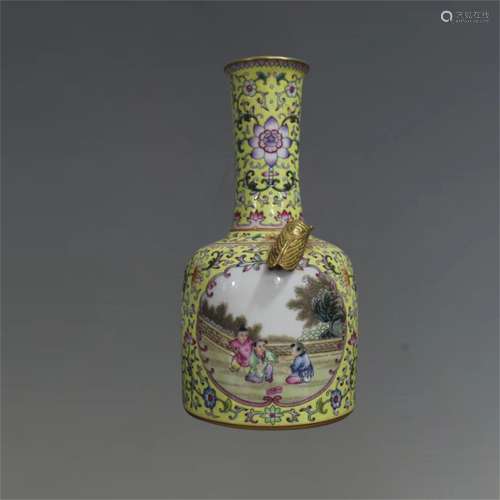 A Chinese Yellow Ground Famille-Rose Porcelain Vase