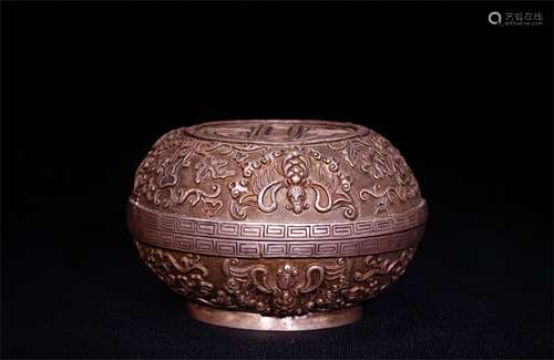 A Chinese Carved Silver Round Box with Cover