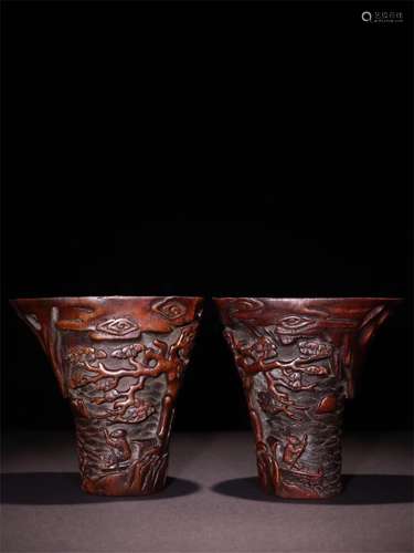 A Pair of Chinese Carved Agar-Wood Cups