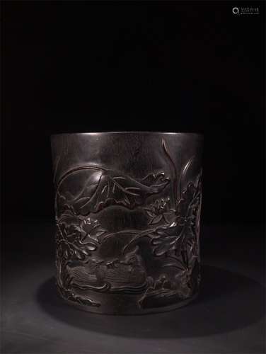 A Chinese Carved Zitan Brush Pot