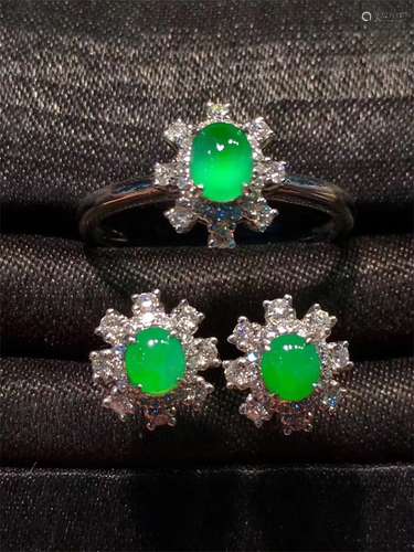 A Set of Chinese Carved Jadeite Ring and Earrings