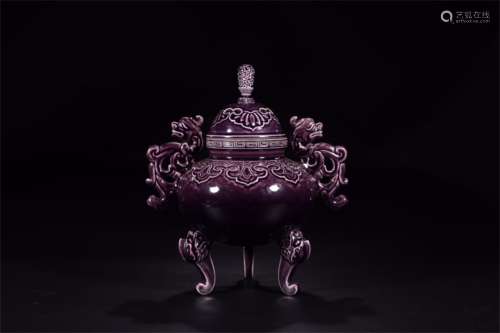 A Chinese Purple Glazed Porcelain Incense Burner