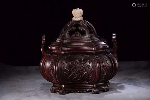 A Chinese Carved Zitan Incense Burner