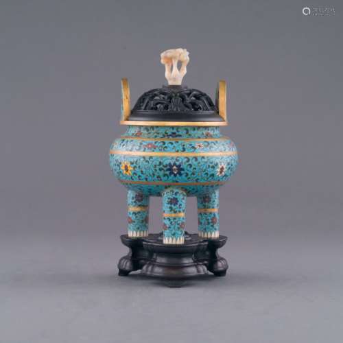 GILT BRONZE CLOISONNE LIDDED TRIPOD CENSER ON STAND