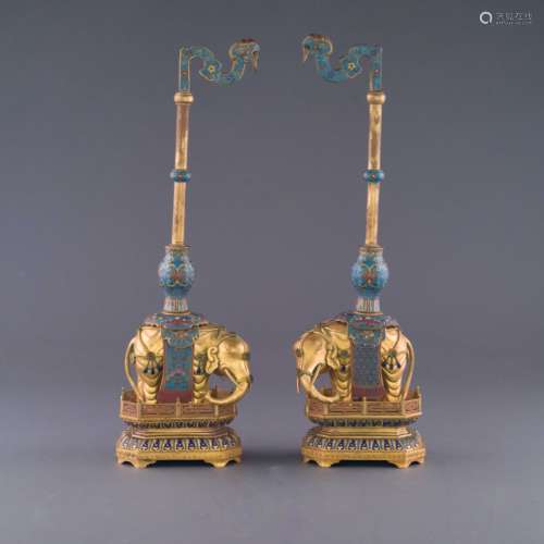 PAIR QING GILT BRONZE CLOISONNE ELEPHANT LANTERN STANDS