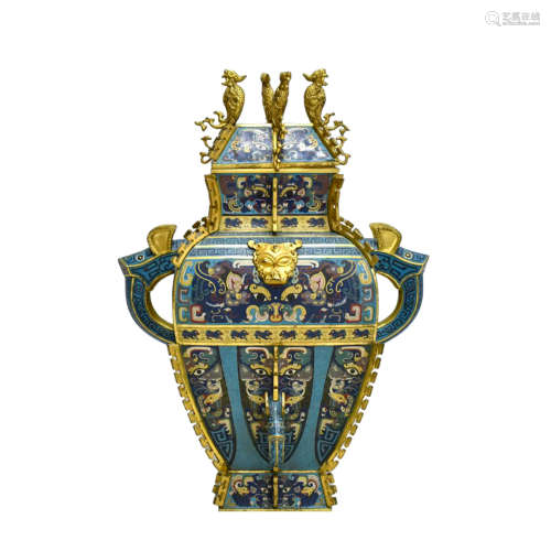 LARGE GILT BRONZE CLOISONNE VESSEL AND COVER