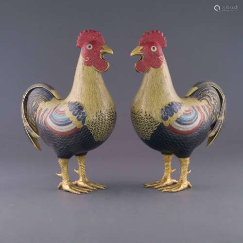 PAIR OF QING GILT BRONZE CLOISONNE ROOSTERS
