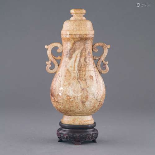 CHINESE JADE VASE IN ARCHAIC MOTIF ON STAND