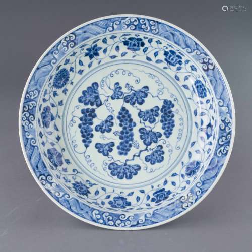 MING BLUE & WHITE WRAPPED FLORAL PLATE