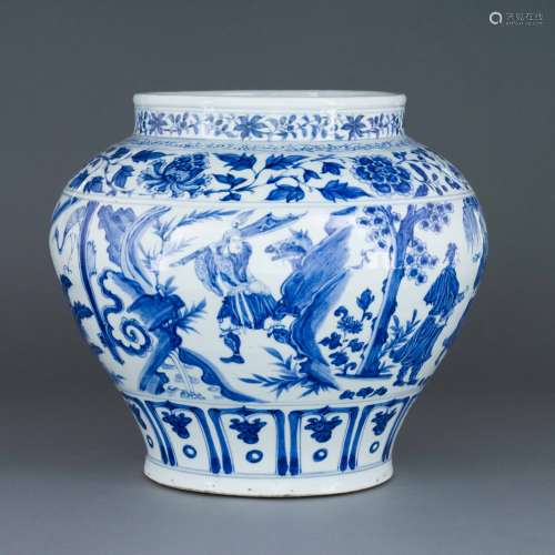 YUAN BLUE AND WHITE FIGURINES JAR