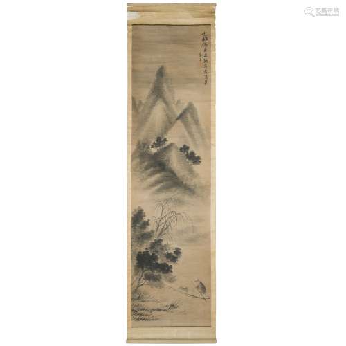 CHINESE SILK SCROLL PAINTING OF WATERSIDE LANDSCAPE