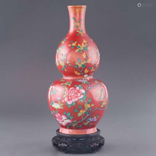 QING GUANGXU RUBY RED PEONY BLOOM DOUBLE GOURD VASE
