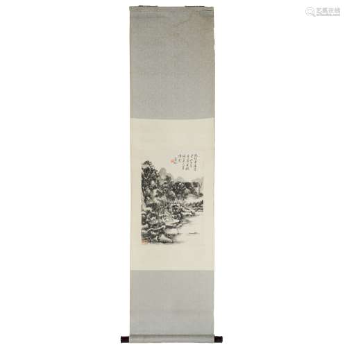 CHINESE SILK SCROLL PAINTING OF WATERSIDE LANDSCAPE