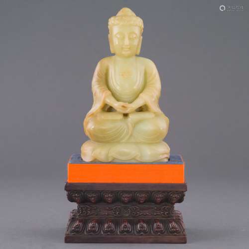RARE YELLOW JADE SEATED BUDDHA ON STAND