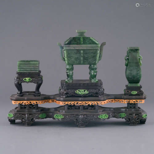 SET OF 3 SPINACH GREEN JADE CENSER, URN, AND BOX