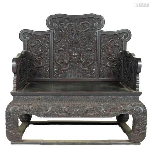 ANTIQUE CHINESE ZITAN CARVED THRONE CHAIR