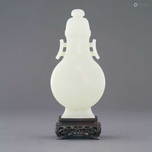 FINE CHINESE WHITE JADE COVERED URN ON STAND