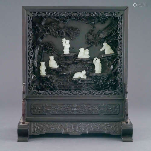 CHINESE ZITAN TABLE SCREEN WITH WHITE JADE FIGURINES